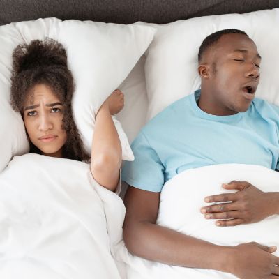 Snoring Man Sleeping With Apnea And Sleepless Woman, Angry Wife