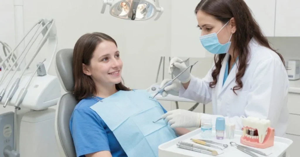 Dentist examining patient for dental implants in modern Atlanta clinic