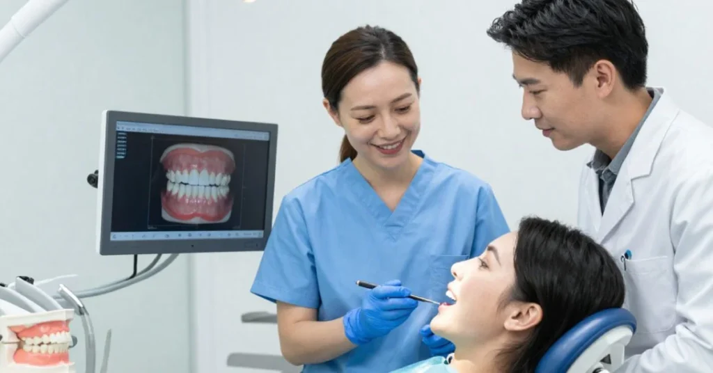 Dentist showing digital teeth model during dental implant consultation visit