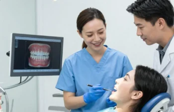 Dentist showing digital teeth model during dental implant consultation visit