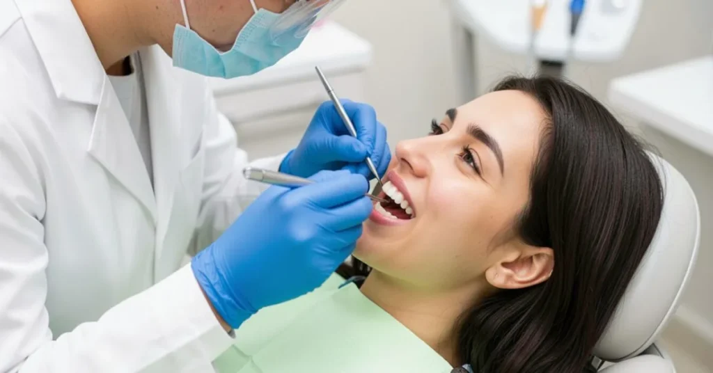 Patient receiving dental examination for healthy teeth