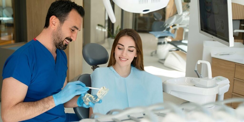 Dentist explaining dental implant treatment to patient